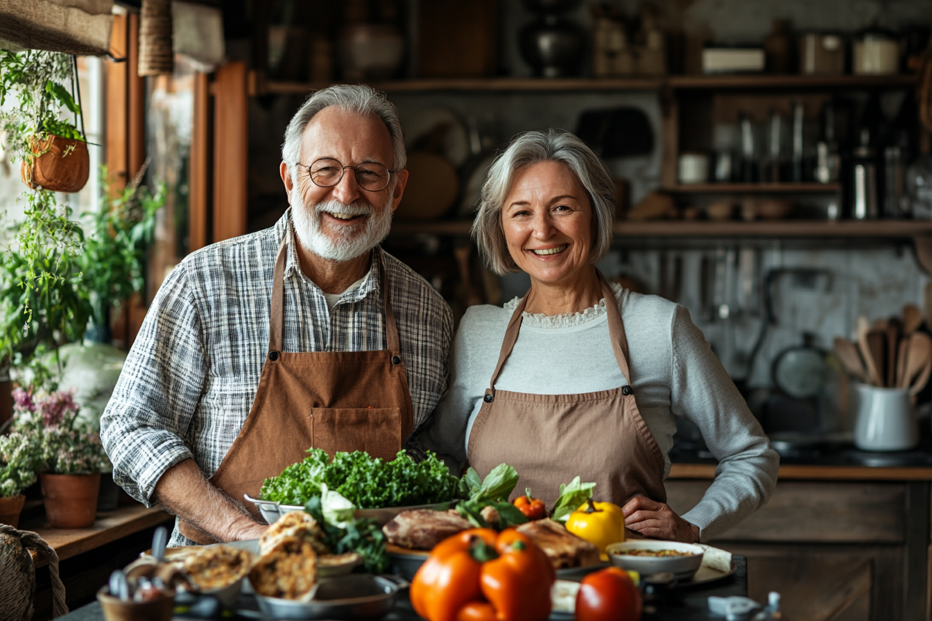 Щастлива възрастна двойка готви заедно в кухнята